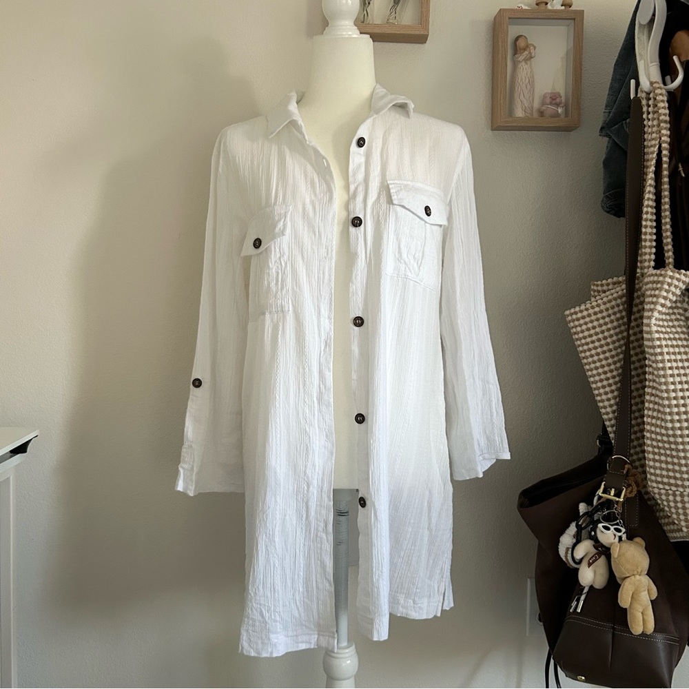 Ellen Weaver Bathing Suit Coverup in Sheer White Black Buttons Summer Vacation
